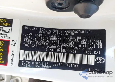 2011 Toyota Avalon z USA, uszkodzony, nr VIN 4T1BK3DB4BU383738